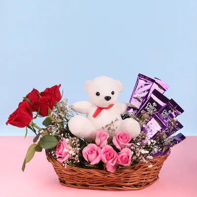 Roses And Chocolate Teddy Arrangement